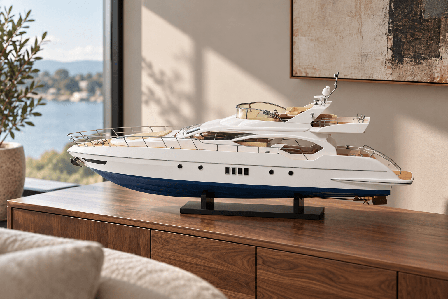Интерьерная ИИ-визуализация коллекционной модели Azimut 70 на чёрной подставке в гостиной